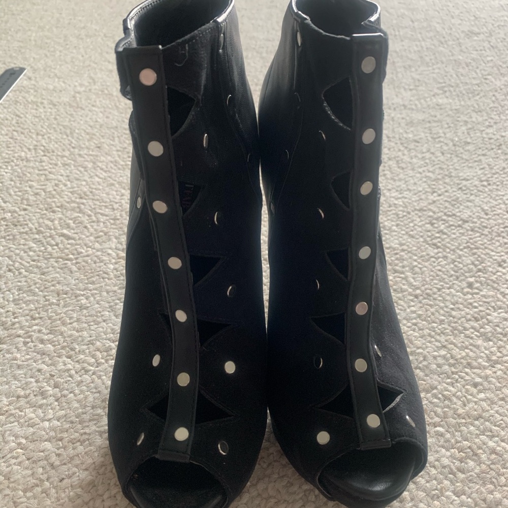 Black open toe booties with stud design